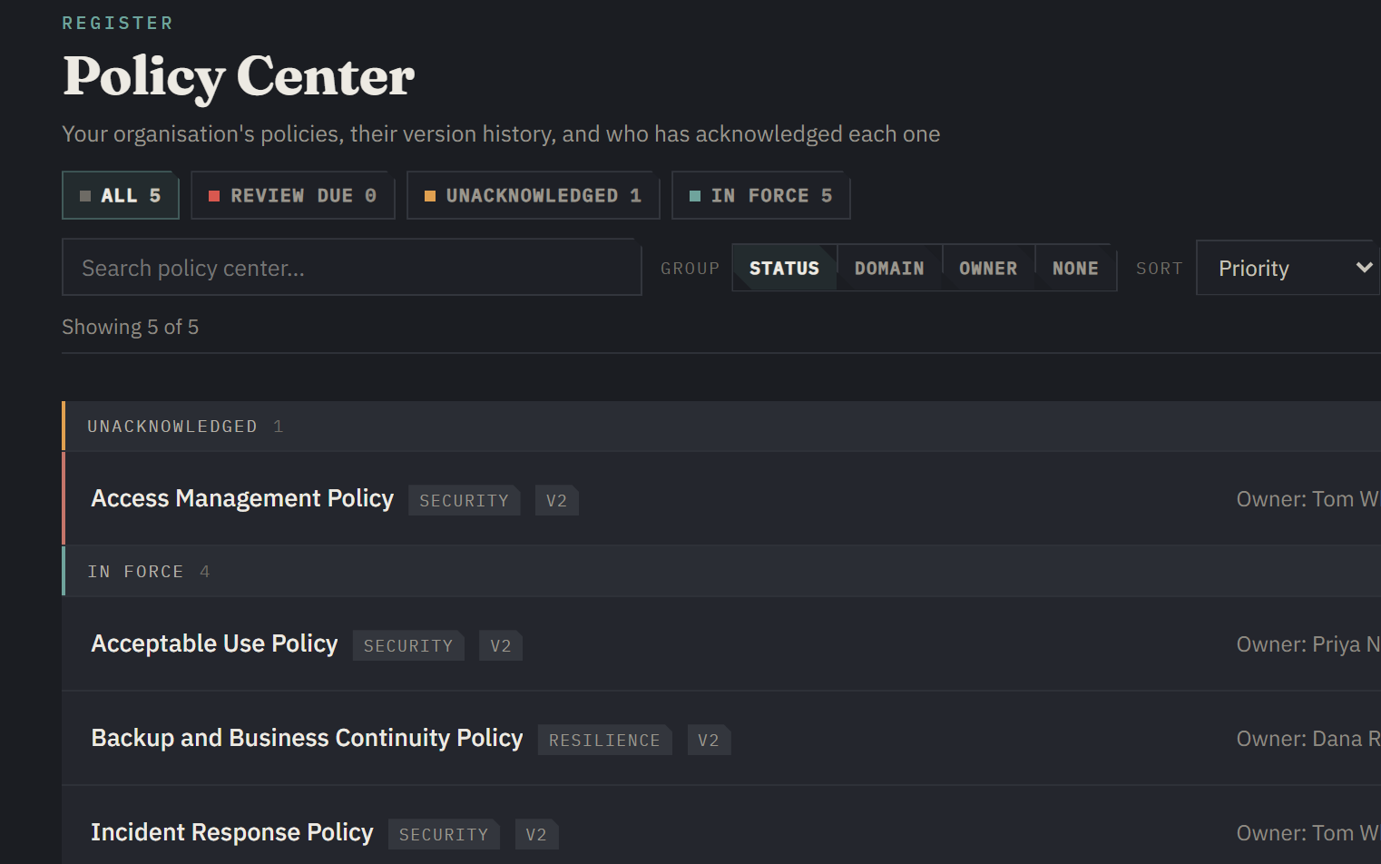 Policy Center showing policy documents with version history, real staff acknowledgements, and controls each policy is tagged to